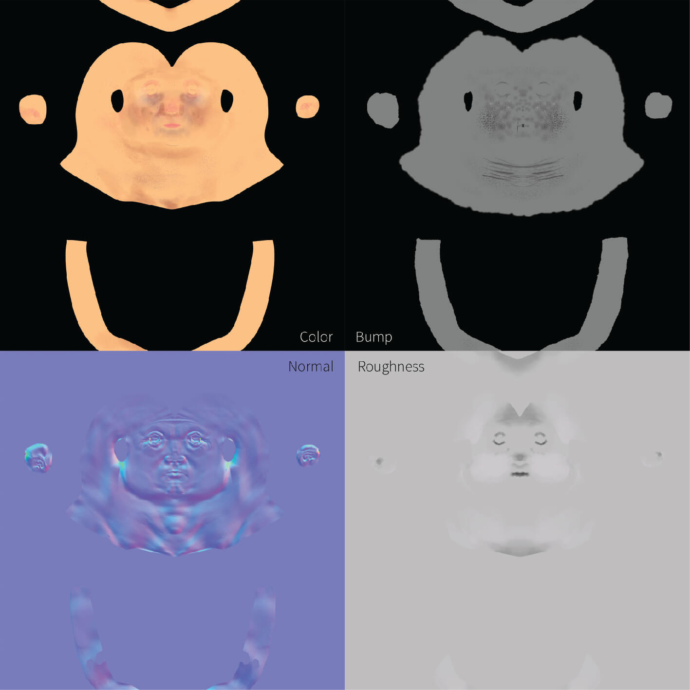 Texture maps created for human face #2 (Albido, bump, normal, roughness)