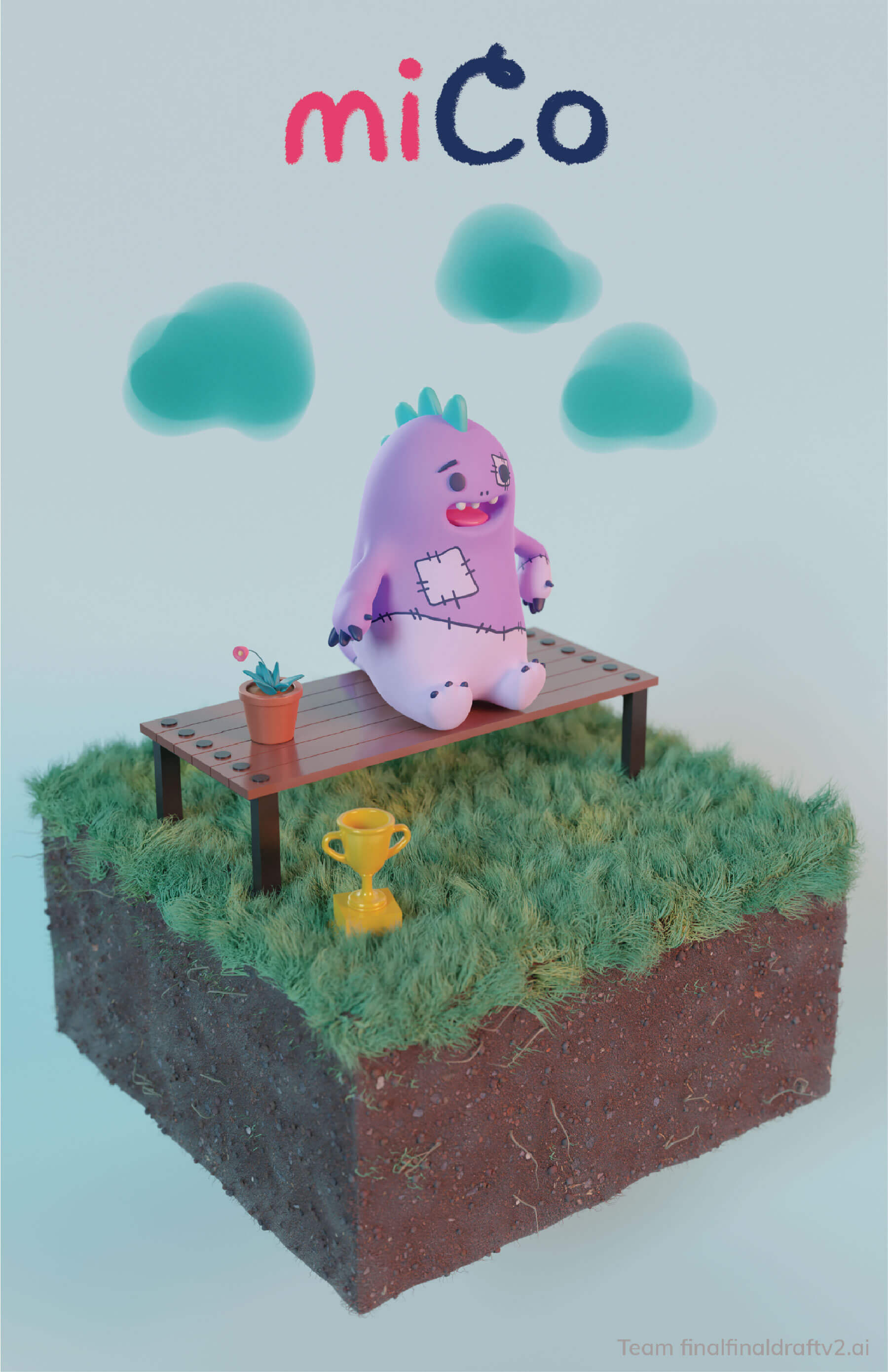 Render of the main character in MiCo sitting on a bench on a patch of grass