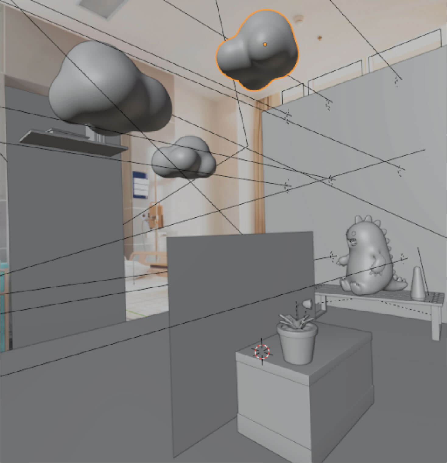Scene setup in Blender 3D to align with hospital room image