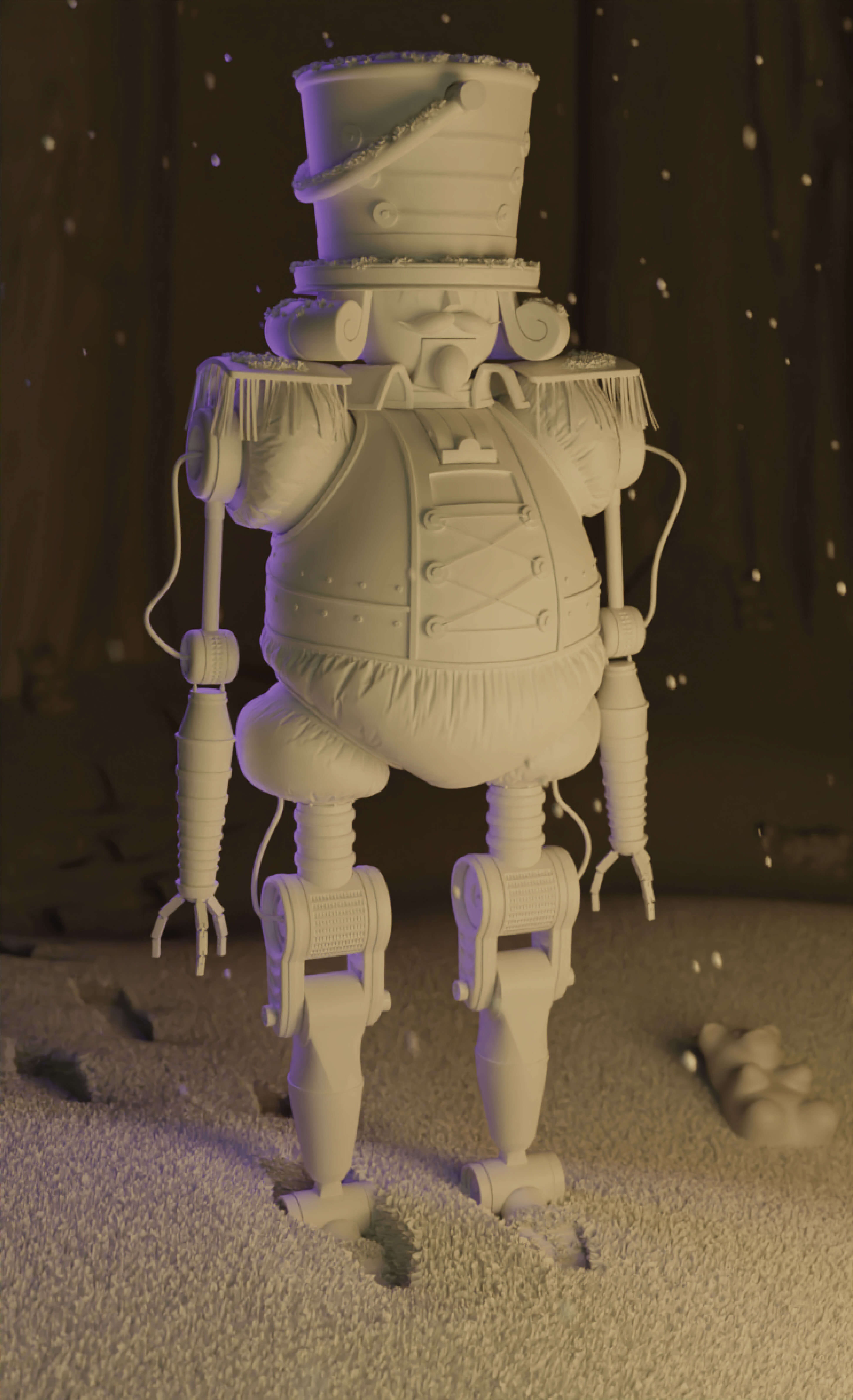 Clay render of Nutcracker in snow scene