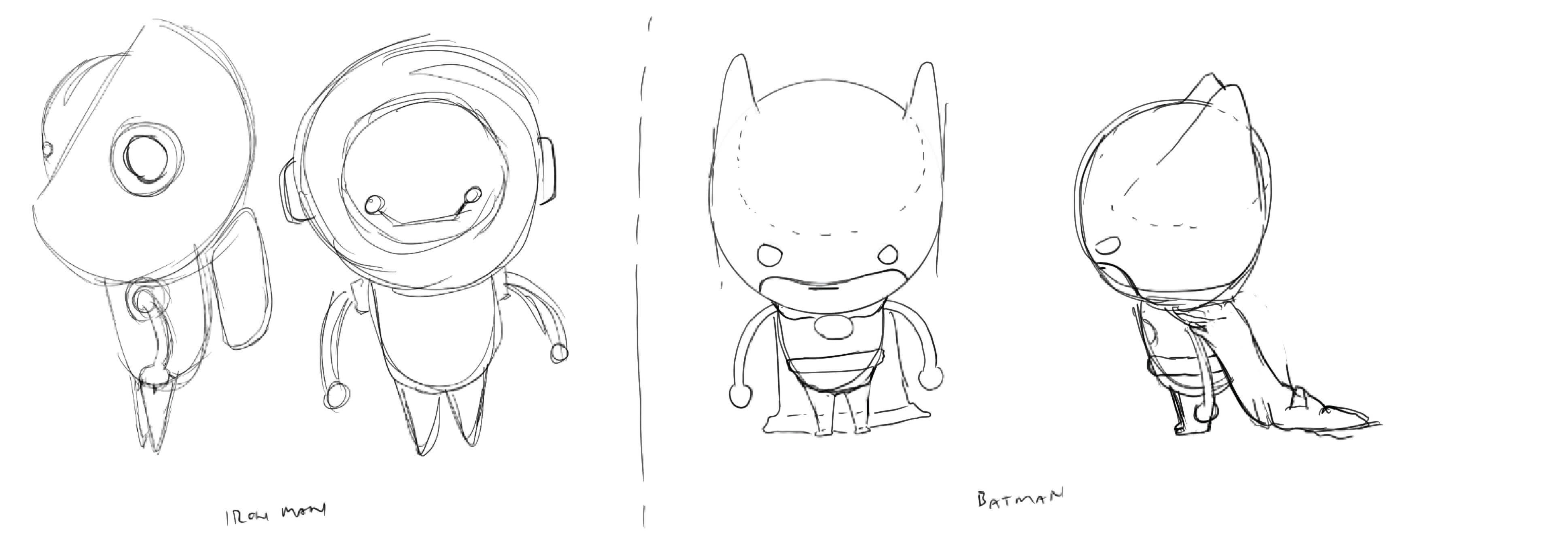 Rough character sketches of ironman and batman to be used for 3D production