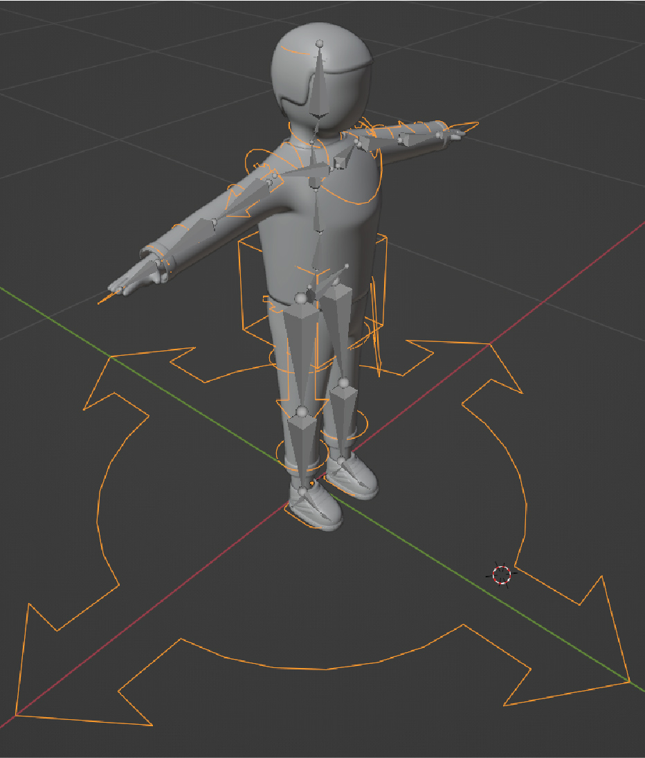 Blender 3D Viewport view of character in T-pose with rig