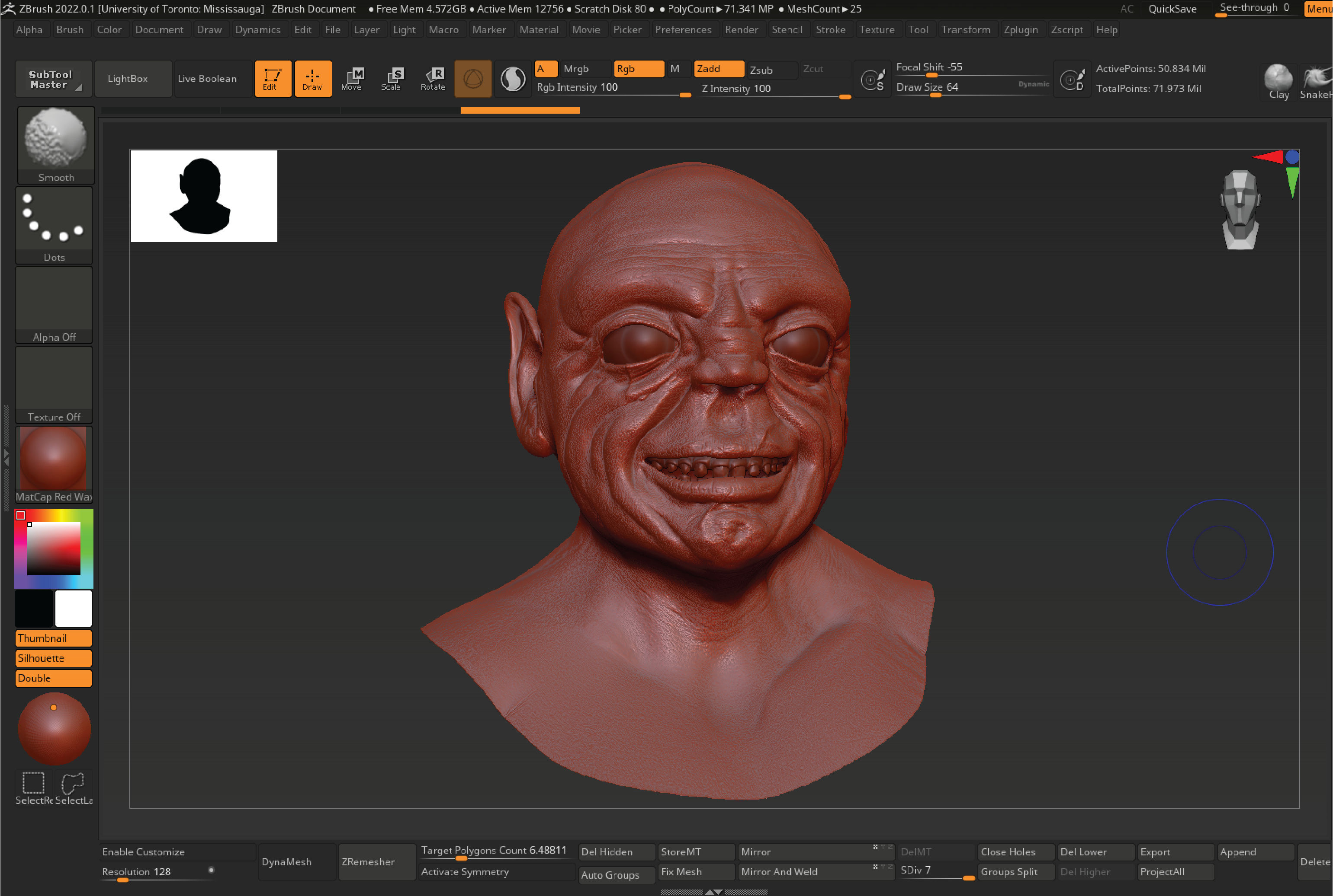 Screenshot of detailed sculpt with eyes and mouth in Zbrush