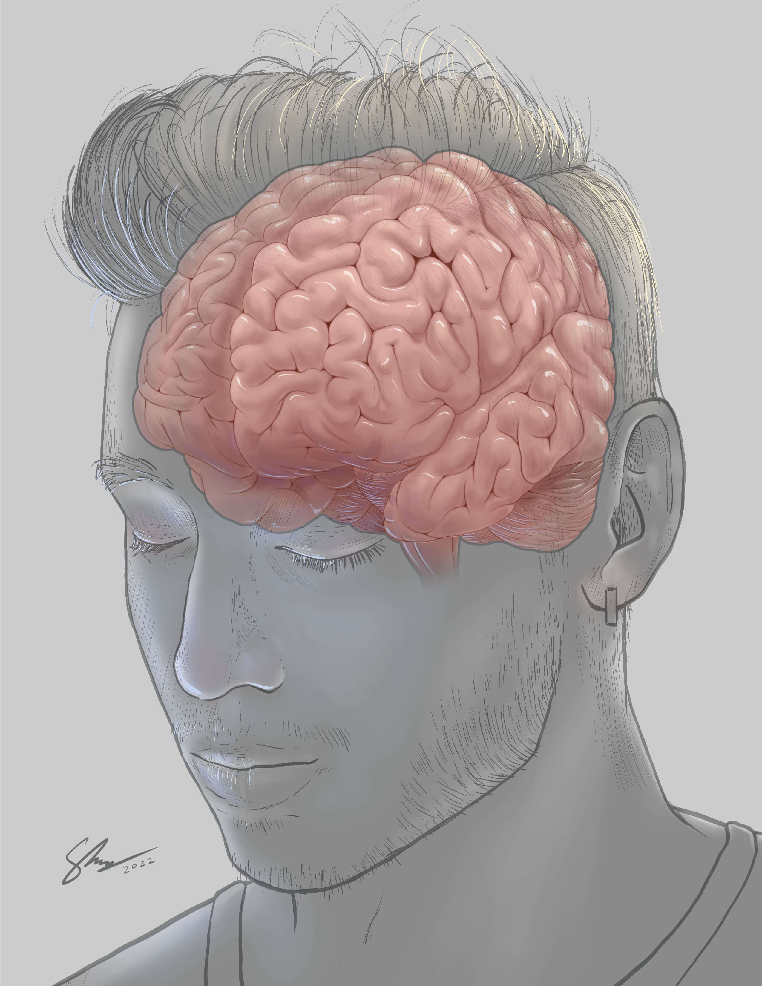 Final self-portrait with brain illustration including shading on brain and head