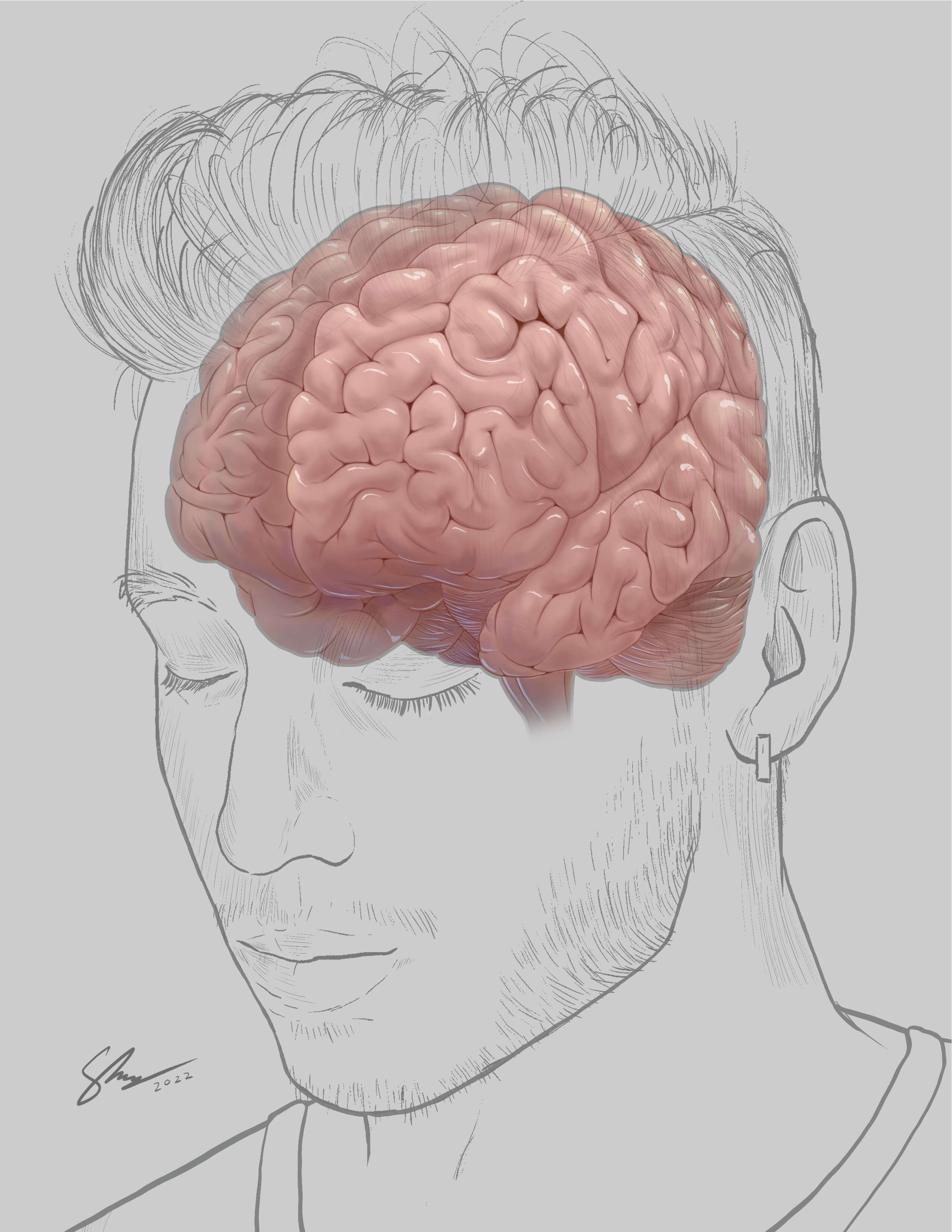 Final self-portrait with brain illustration including shading on brain and linework for head